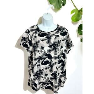 St. John's Bay Black Floral Blouse Sz 1X Cotton Short Sleeve Top Soft Stretch